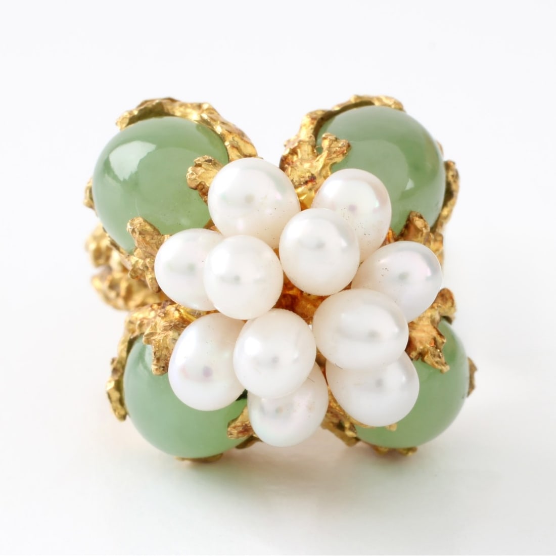 Jade, Pearl and 18K Ring: Vintage Four Oval Cabochon Jade, Eleven Pearl and Nugget style 18 Karat Yellow Gold Dome Ring. Ring size 7. Approx. weight: 17.25 grams. Kodner Galleries offers phone and absentee bidding at a low, fl