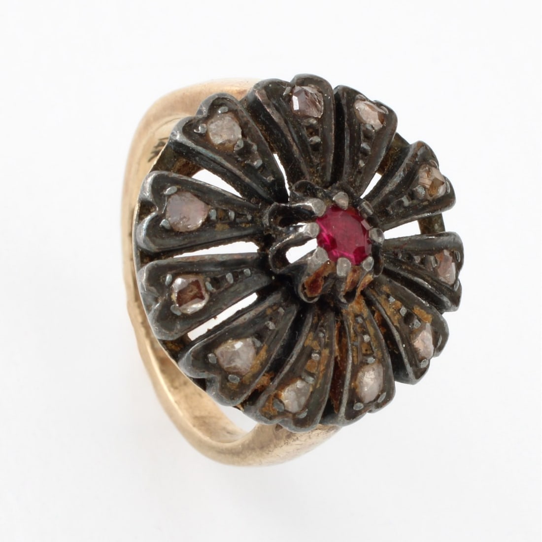 Victorian 14K, Ruby and Diamond Ring: 19th Century Victorian Round Cut Ruby, Rose Cut Diamond and Silver topped 14 Karat Yellow Gold Ring. Ruby with vivid color. Ring size 5-3/4. Approx. weight: 6.27 grams. Kodner Galleries offers phone a