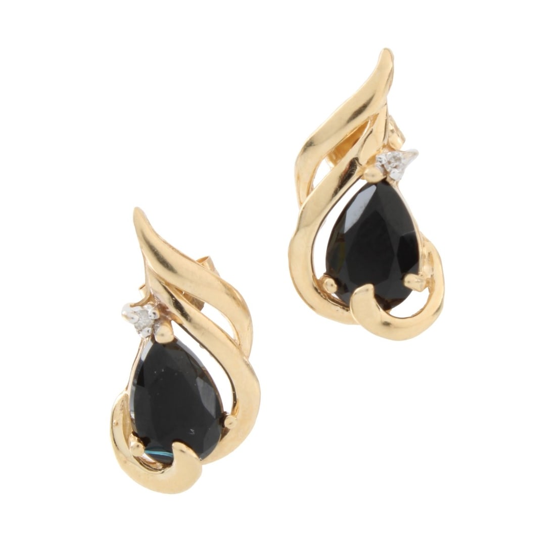 Sapphire, Diamond and 14K Earrings: Vintage Pear Shape Midnight Blue Sapphires, Small Round Cut Diamond and 14 Karat Yellow Gold Earrings. 3/8" L, 3/8" W. Approx. weight: 3.07 grams. Kodner Galleries offers phone and absentee bidding