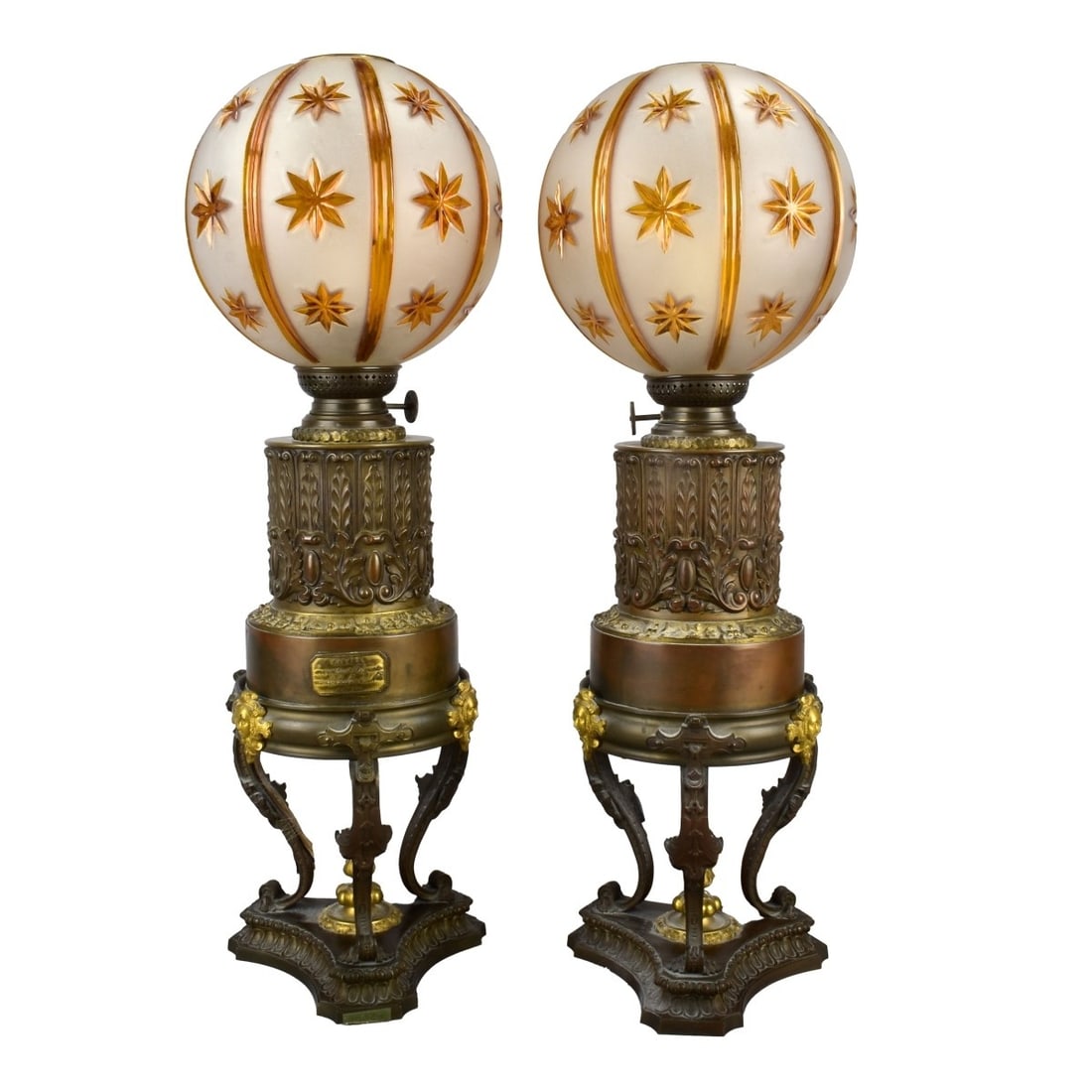 Pr. Carcel Brass Lamps Paris: Pair Bertrand Guillaume Carcel (1750-1812) Brass Lamps with Bronze Mounts and Glass Shades. Electrified. Marked to Brass plaque "Carcel Inventeur Brevete Rue de l'Arbre-sec N18, A. Paris" Measures