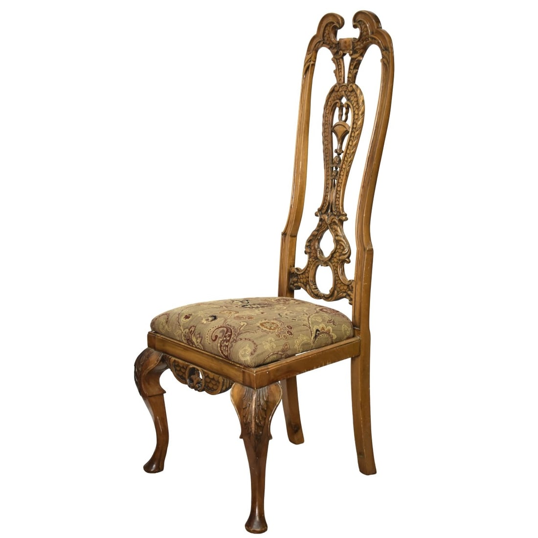 Vintage Queen Ann Style Chair: Vintage Queen Ann Style Carved Beechwood Patterned Upholstered Dining Chair. Measures: 52-1/2" high, 22" wide, 20" seep, seat measures: 19" high. Kodner Galleries offers phone and absentee bidding at