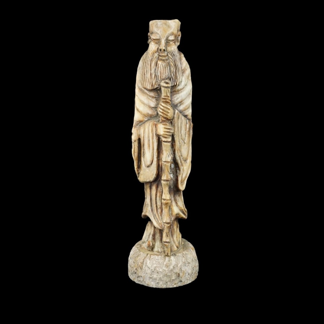 Chinese Soapstone Sculpture: Large Vintage Chinese Soapstone Carved Sculpture of an Immortal. Overall measures 28-3/4" x 8-1/4". Kodner Galleries offers phone and absentee bidding at a low, flat 21% buyer?s premium without