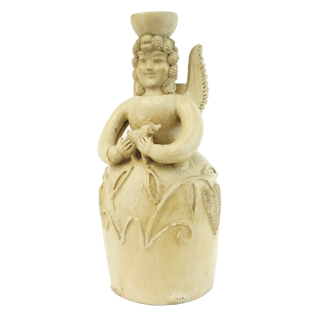 Terracotta Angel Vessel: Large Terracotta Pottery Angel Figural Vessel. Measures 26-1/2" x 11-1/2" x 11-1/4". Kodner Galleries offers phone and absentee bidding at a low, flat 21% buyer?s premium without surcharge or hidden