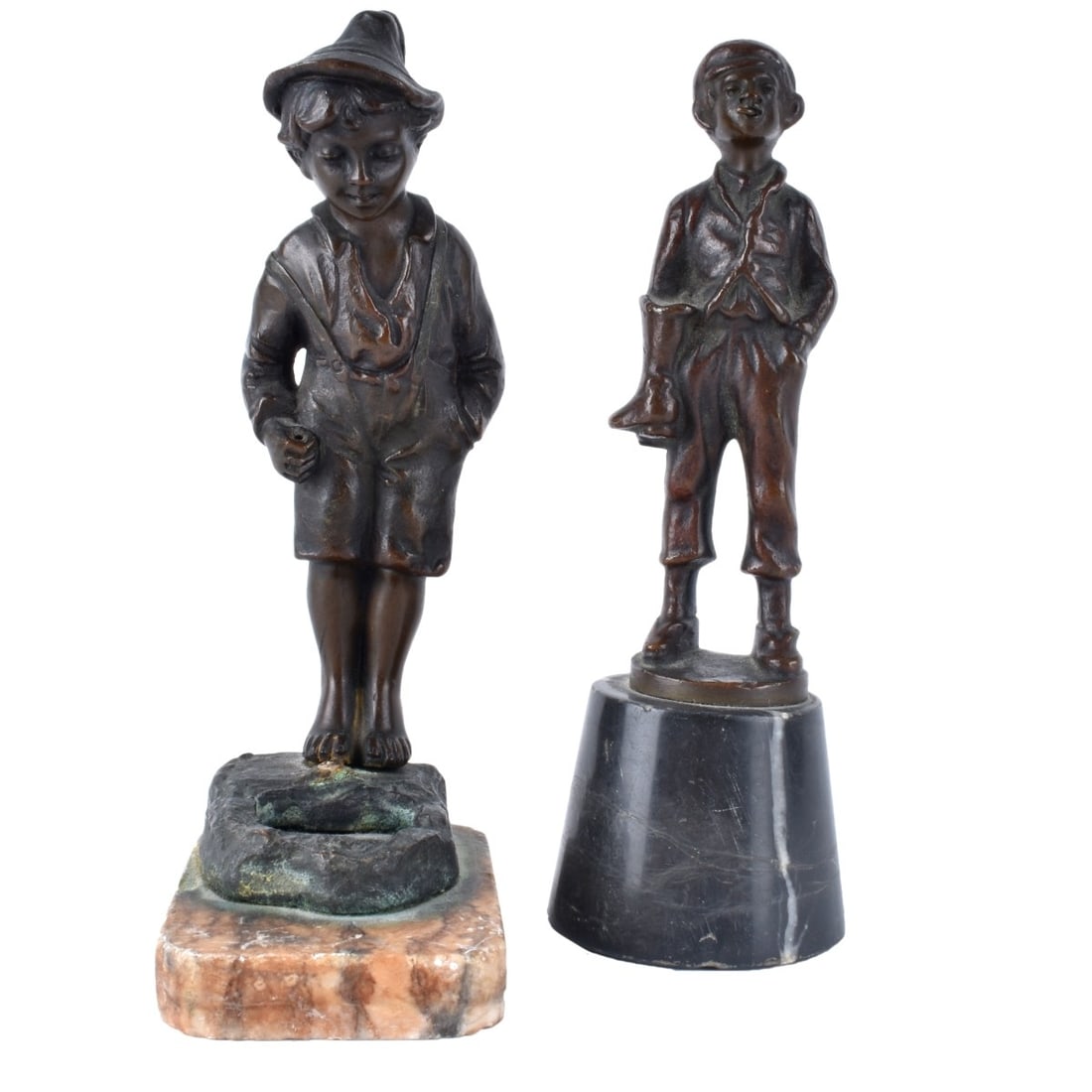 Two Miniature Bronzes Boys: Two (2) Miniature bronze figures of a boys on stone bases..One smoking a cigar with boots. One fishing in pond and signed MF in cyrillic. Measures 5-3/4" H and 5-1/2" H. Kodner Galleries offers phone