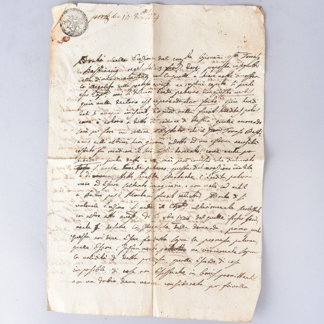 17th C. Italian Manuscript Documents: Two (2) Possibly 17th Century Italian Manuscript Documents. Each with several pages written in Italian, Seal stamp mark at the top left corners. Measures 11-1/2" H x 8" W. Kodner Galleries offers