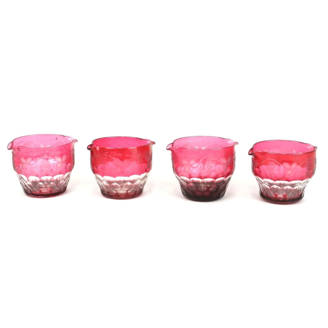 Dorfinger Cut to Clear Wine Rinsers: Set of Four Pre ABP Dorflinger Cranberry Cut to Clear Glass Wine Rinsers with Etched Grapes and Leaves. Unsigned. Measures 3-7/8" x 5-1/4". Kodner Galleries offers phone and absentee bidding at a low,
