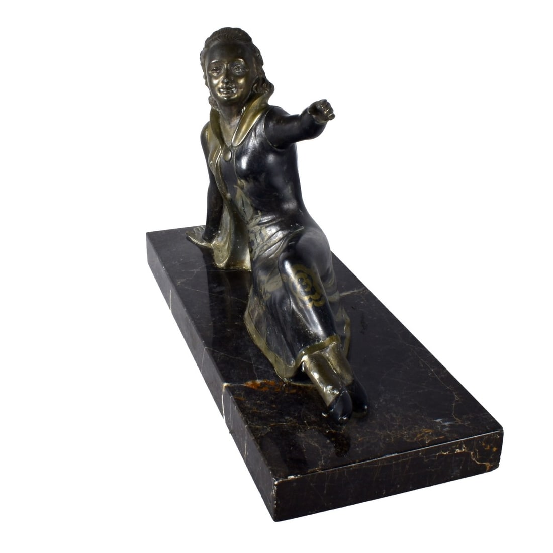 M. Secondo (20th C.): M. Secondo (20th Century) French Metal Sculpture on Marble Base "Reclining Nymph" Signed on Obverse Side. Overall measures 8-3/4" x 13-1/8" x 5-3/8". Kodner Galleries offers phone and absentee bidding