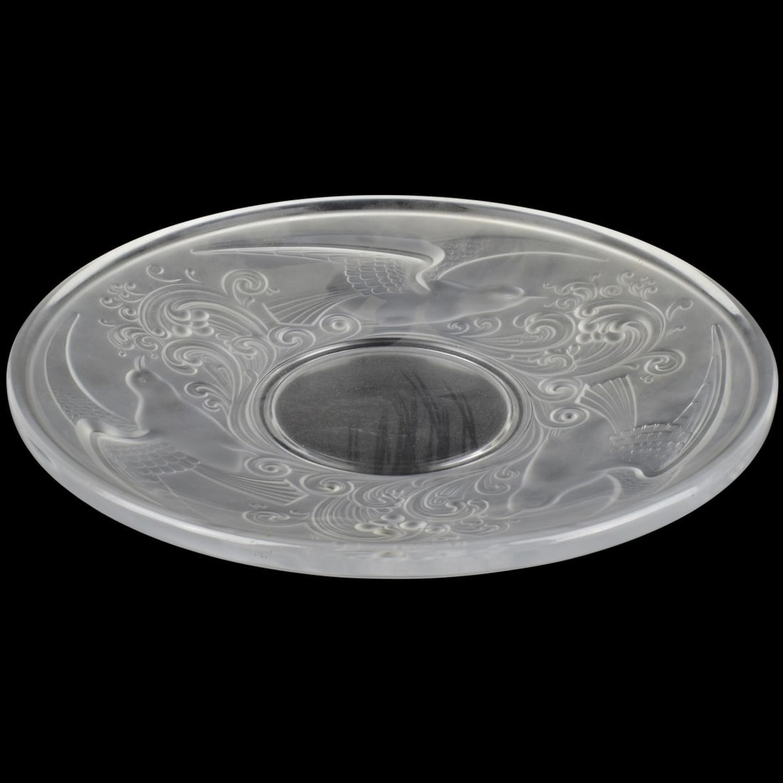 Val St. Lambert Belguim" Gloucester" Charger: Art Deco Val St. Lambert Belguim Gloucester Charger in Clear and Frosty Glass with Three (3) Large Flying Doves and Rolling Waves.Circa 1930. Marked "VSL" to the center rim. Measures: 1-1/2" high, 12"