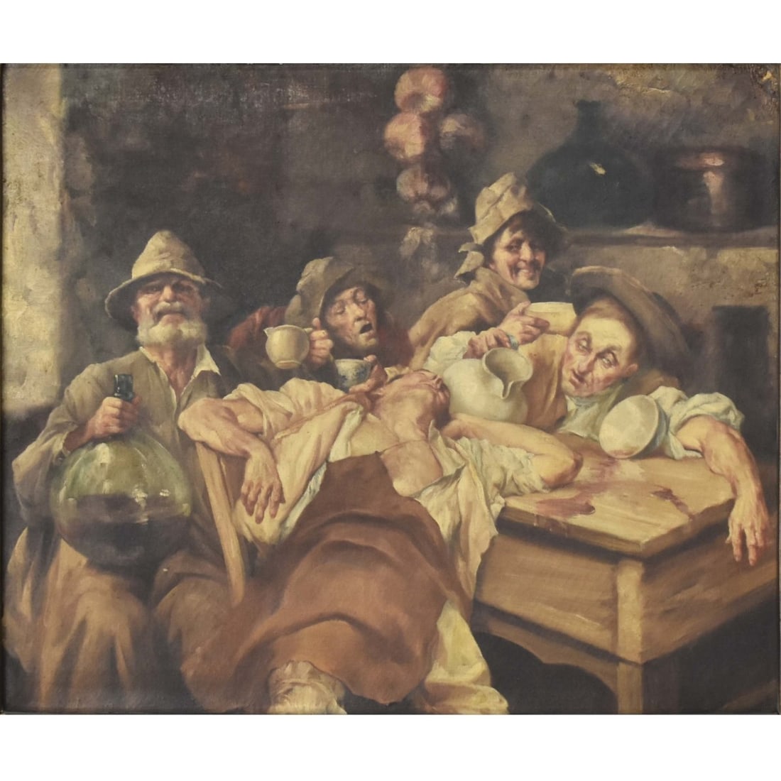 European School Oil on Canvas: 19/20th Century European School Possibly Italian Oil on Canvas, The Drunks, Signed (illegibly) upper left. Heavy antique gilt gesso and wood frame. Measures 19-1/4" x 22-1/4". Frame measures 32" H x 3