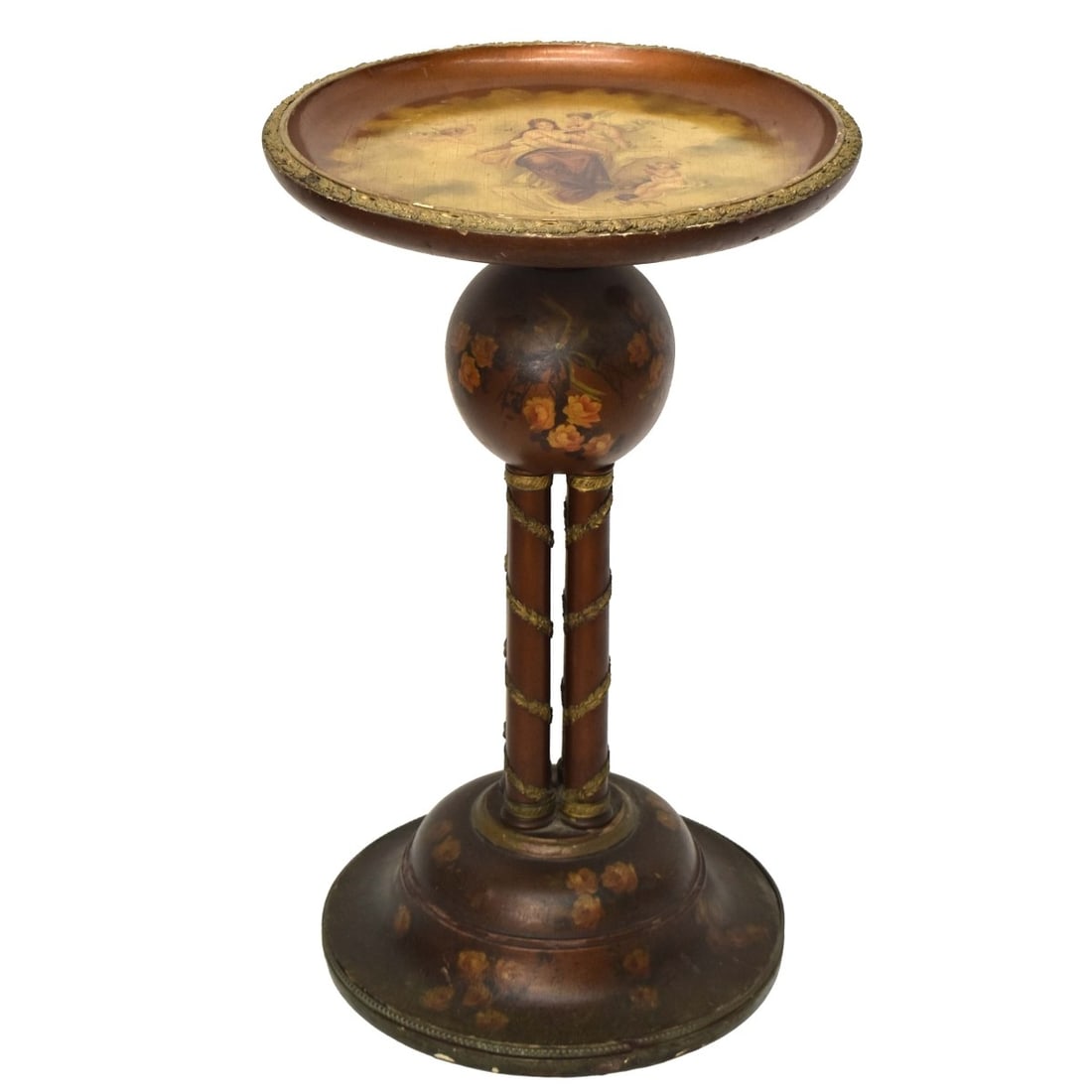 19th Century Hand Painted Continental Stand: 19th Century Hand Painted Continental Stand. Concaved top with a gold tone metal floral rim being painted with an allegoric scene and supported on four column legs and round two base step. Measures: 2