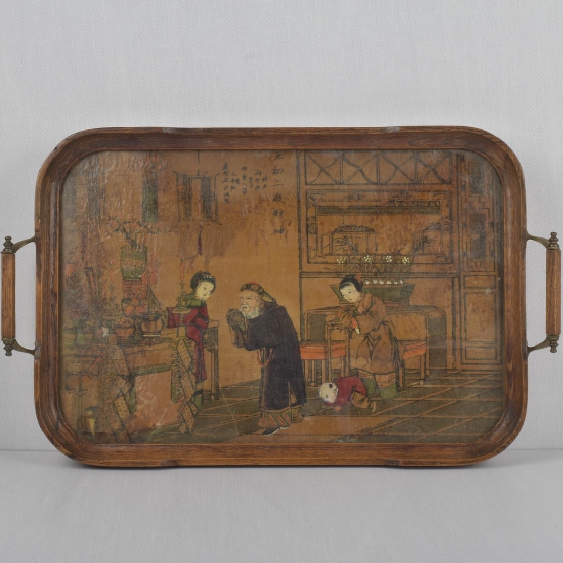 Antique Century Chinese Serving Tray: Antique Chinese Painted Oak Serving Tray with Attached Handles Having an Interior Scene of a Typical Family Under the Glass. Measures: 1-7/8" high, end of handle to end of handle measures: 21-1/4" wid