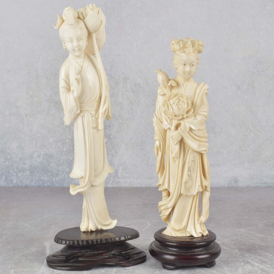 Vintage Chinese Guanyins: Two (2) Vintage Chinese Carved Guanyin Holding Large Flowers Mounted on Wood Bases. We Will Not Ship This Item Outside of the State of Florida. Anyone Having This Item Shipped Must Have a Florida Addr