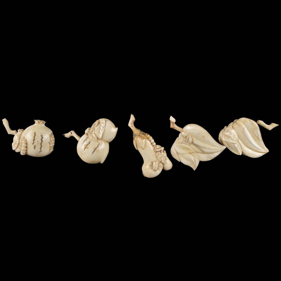 Antique Chinese Snuff Bottles: Six (6) Antique Chinese Carved Snuff Bottles in the Form of Fruits. Approximately measures: 2" long. We Will Not Ship This Item Outside of the State of Florida. Anyone Having This Item Shipped Must