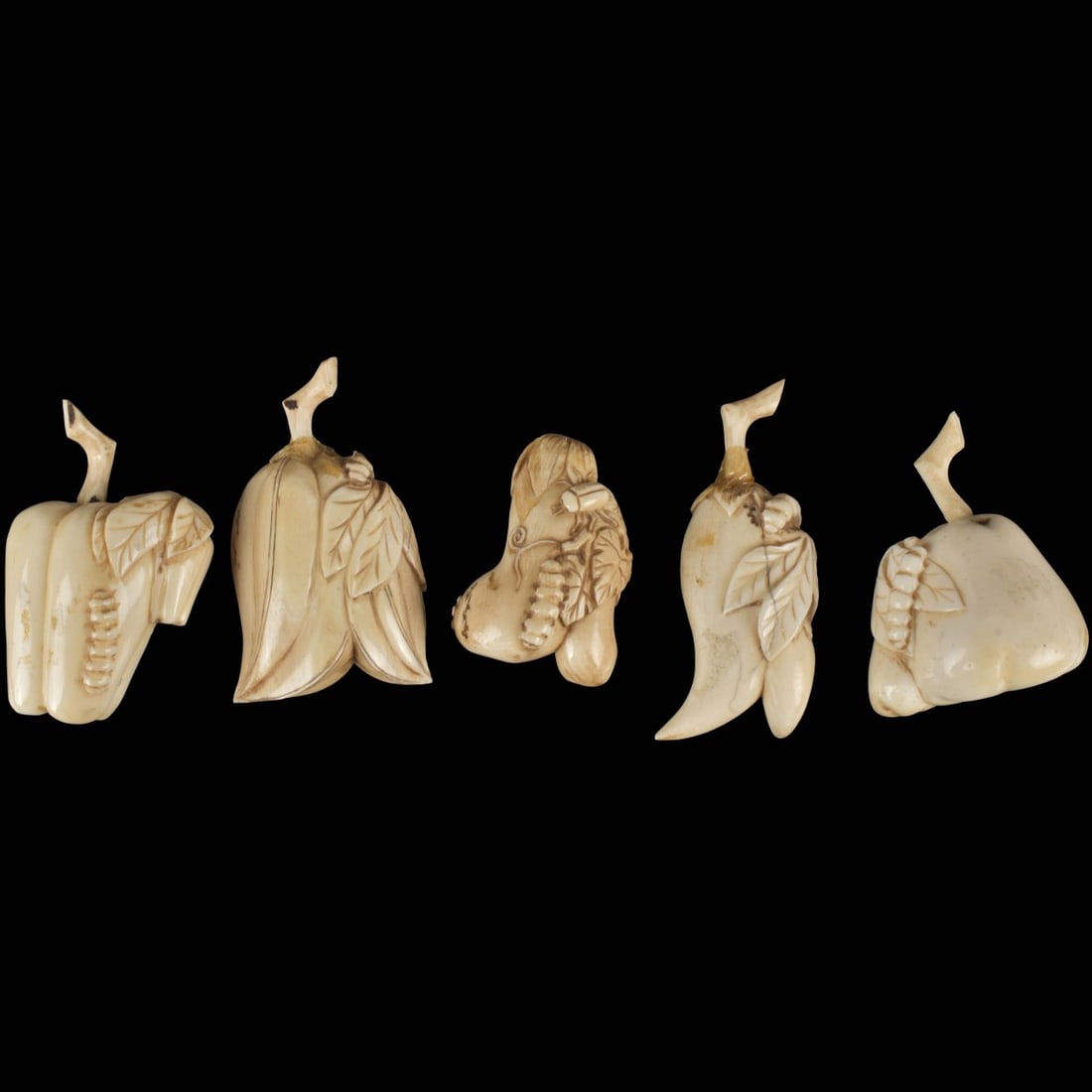 Antique Chinese Snuff Bottles: Six (6) Antique Chinese Carved Snuff Bottles in the Form of Fruits. Approximately measures: 2" long. We Will Not Ship This Item Outside of the State of Florida. Anyone Having This Item Shipped Must