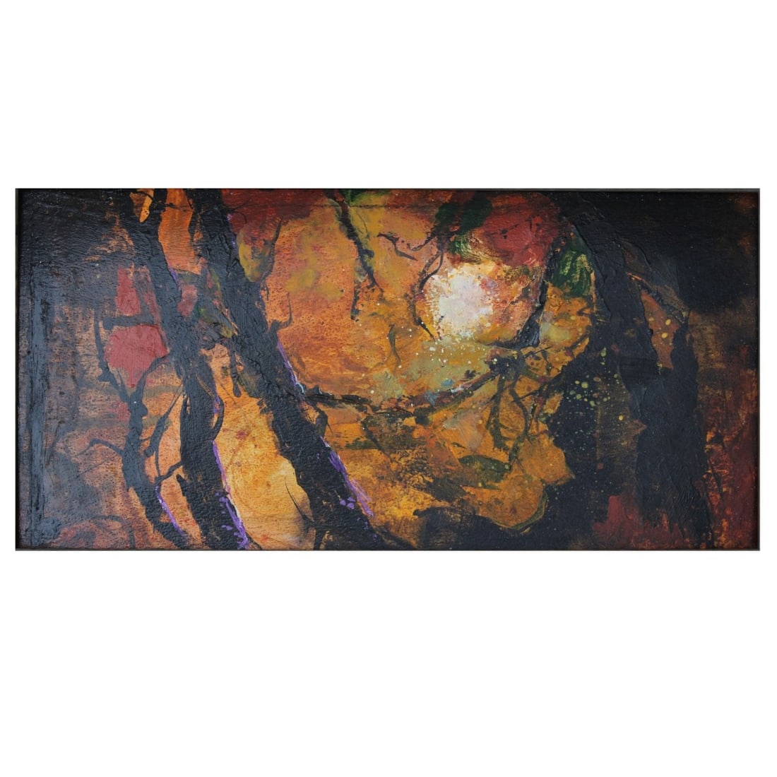 Abstract O/C: Mid 20th Century Oil Canvas, Abstract Composition, "light Through the Trees".Unsigned, titled to verso. Measures (sight) 7-7/8" H, 15-5/8" W; frame measures 15" H, 23' W. Kodner Galleries offers phone
