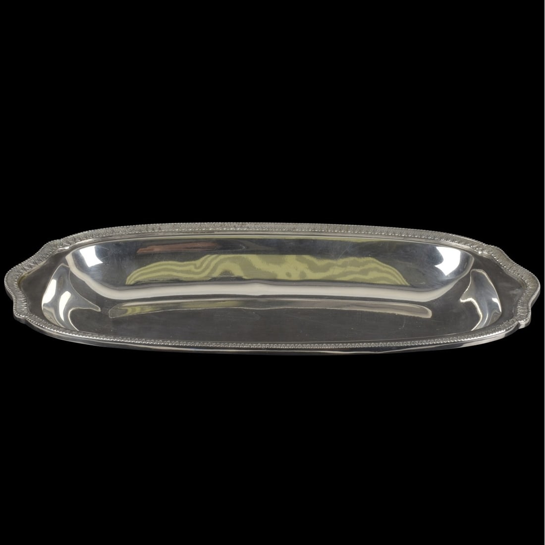 Camusso Sterling Silver Tray: Peruvian Camusso Sterling Silver Rectangular Tray with an Ornate Geometric Boarder. Properly marked to the underside. Measures: 1-1/2" high, 15" wide, 7-3/4" deep. Total gross weight: 14.56 troy ounce