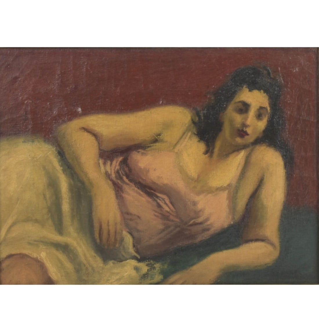 Moses Sawyer, American (1863-1960): Rapheal Soyer, American (1899-1987) Oil on Canvas of a Reclining Woman Looking Outright. Signed bottom right hand corner. Arthur James lable attached to back of frame. Stretcher measures: 9" high,