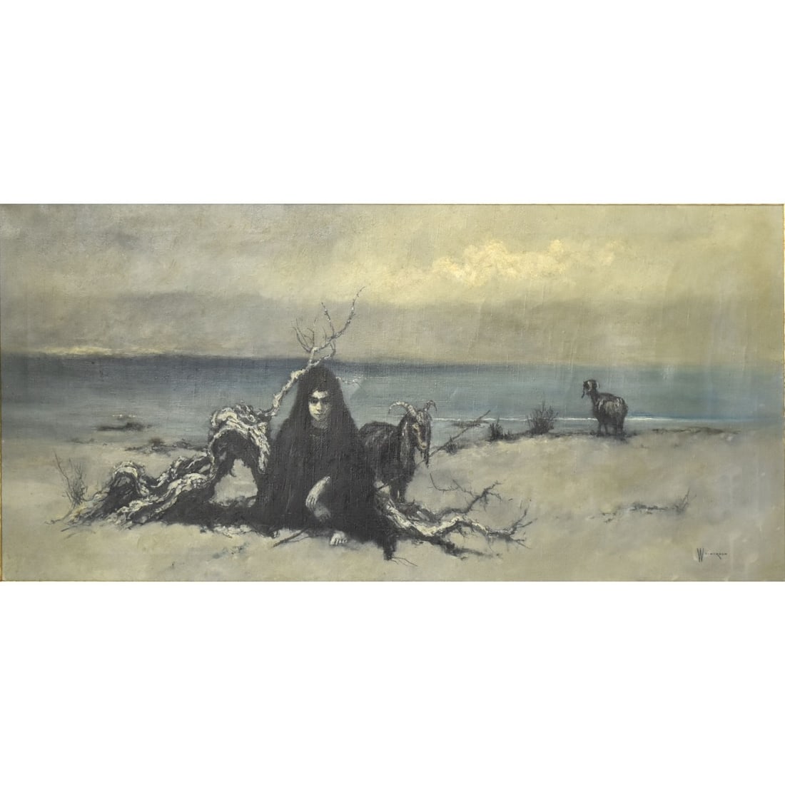 William Weintraub, American/Israeli (1926-2017): William Weintraub, American/Israeli (1926-2017) "Young Girl with Goats" Framed Oil on Canvas Depicting a Young Girl at Waters Edge with Goats. Signed bottom right hand corner. Stretcher measures: 20"