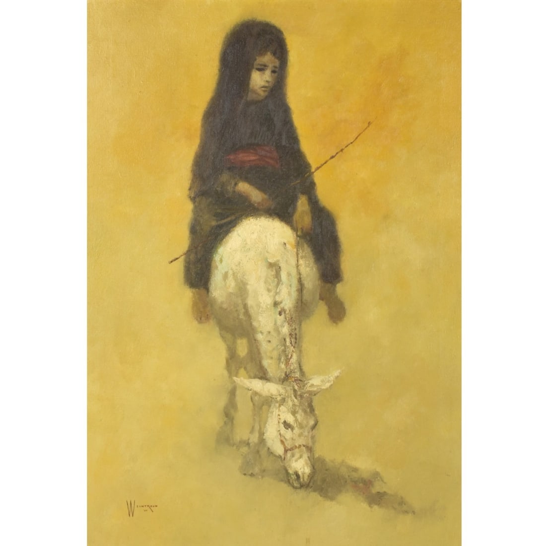 William Weintraub, American/Israeli (1926-2017): William Weintraub, American/Israeli (1926-2017) "Young Girl on Donkey" Framed Oil on Canvas Depicting a Young Girl with a Crop Riding on a Donkey. Signed and dated "96" bottom left hand corner.