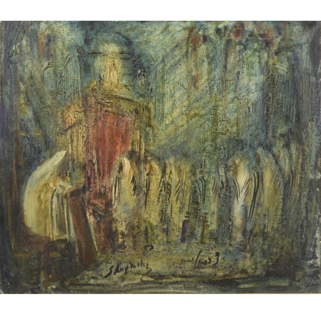 Zvi Raphael, Israeli (1924-2005): Zvi Raphael, Israeli (1924-2005) Cityscape Framed Oil on Canvas. Signed bottom center. Stretcher measures: 20" high, 24" wide, frame measures: 24-1/2" high, 28-1/2" wide. Kodner Galleries offers