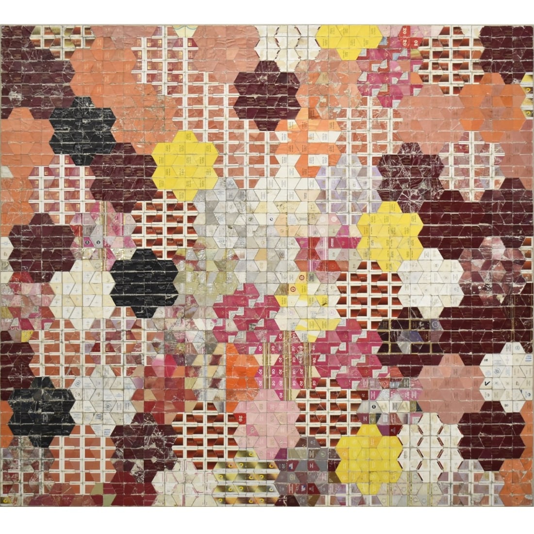 Robert Larson, American (b. 1969): Robert Larson, American (b. 1969) Discarded Cigarette Packaging Assembled on Linen then Mounted to Board. Affixed label to back as well as signed and dated "2013" to the back on linen. Measures 36"