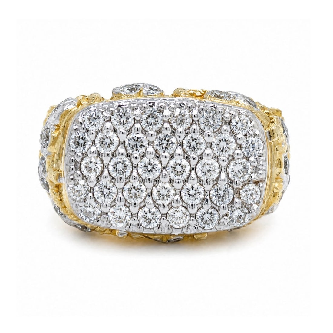 Diamond and 18K Ring: Vintage Approx. 2.0 Carat TW Pave Set Round Brilliant Cut Diamond and 18 Karat Yellow Gold Ring. Diamonds H-I color. VS1-VS2 clarity. Ring size 7. Approx. weight: 18.1 grams. Kodner Galleries offers