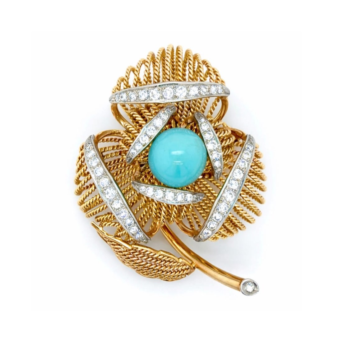 Diamond, Turquoise and 14K Brooch: Vintage Circa 1960s Approx. 2.0 Carat TW Round Brilliant Cut Diamond, 12mm Turquoise and 14 Karat Yellow Gold Flower Brooch. Diamonds G-H color, VVS-VS clarity. Measures 2-1/4" L. Approx. weight: