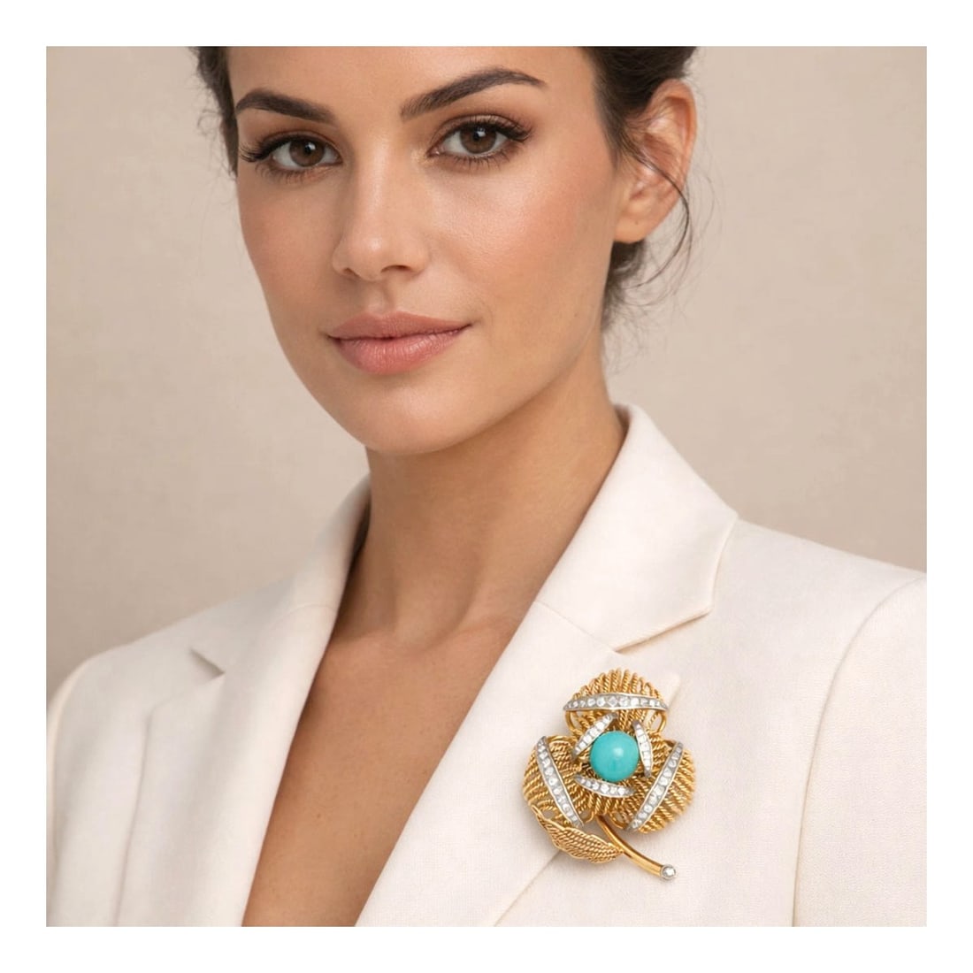 Diamond, Turquoise and 14K Brooch - 2