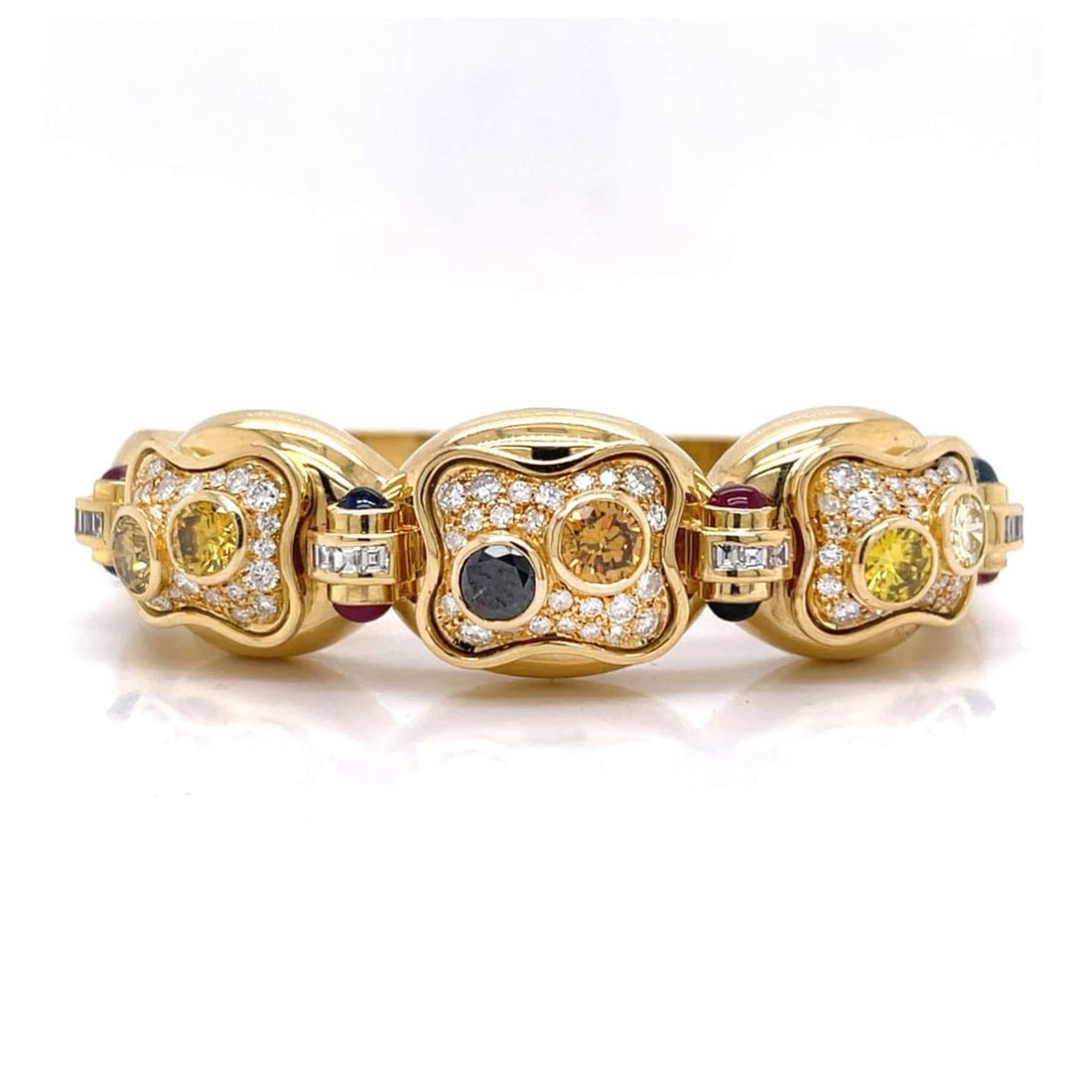 Diamond and 18K Bracelet: Vintage Diamond and 18 Karat Yellow Gold Hinged Cuff Bangle Bracelet. Set with approx. 3.40 carat TW round cut fancy color diamonds, VVS-VS clarity and 2.60 Carat TW Round Brilliant Cut White