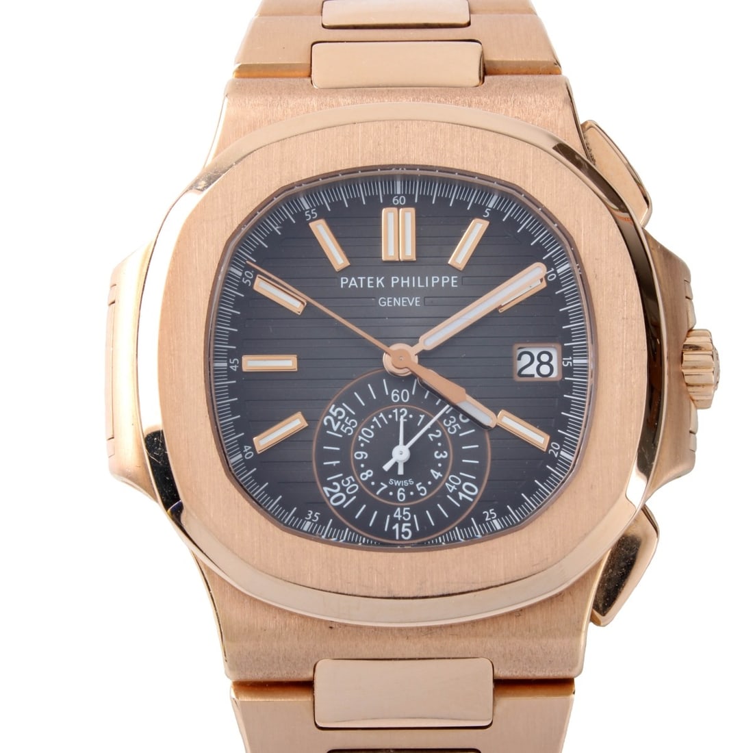 Patek Philippe 5980/1R: 2017 Patek Philippe 5980/1R Rose Gold Bracelet Watch, Black Dial.,. Automatic self-winding movement. Case measures 40.5 mm. Bracelet measures 6-1/2" interior circumference. Complete with boxes,