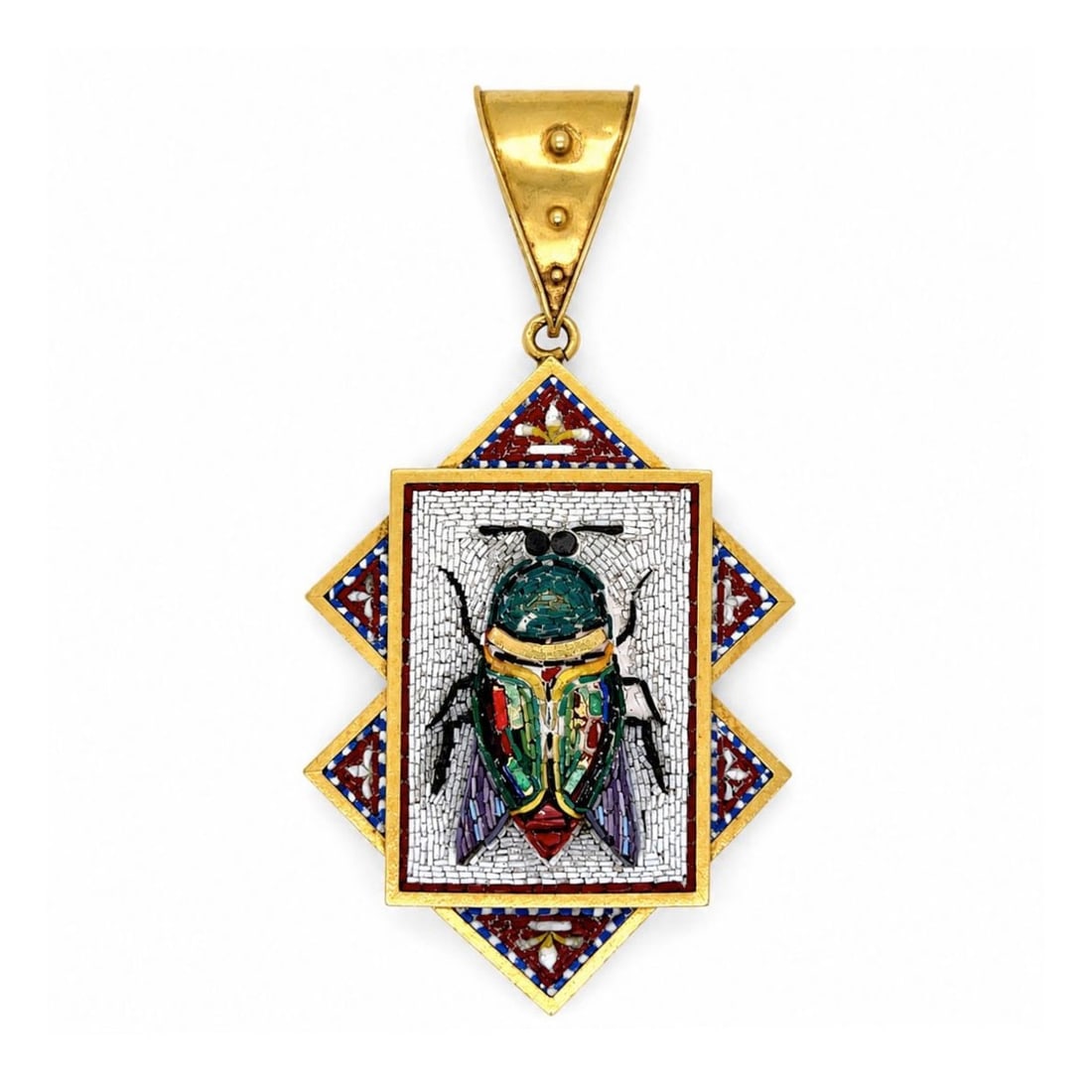 Micro Mosaic and 18K Pendant: Fine Antique Victorian Circa 1870 Micro Mosaic and 18 Karat Yellow Gold Locket / Pendant Depicting a Beetle. Measures 2-1/2" L. Approx. weight: 16.7 grams. Kodner Galleries offers phone and absentee