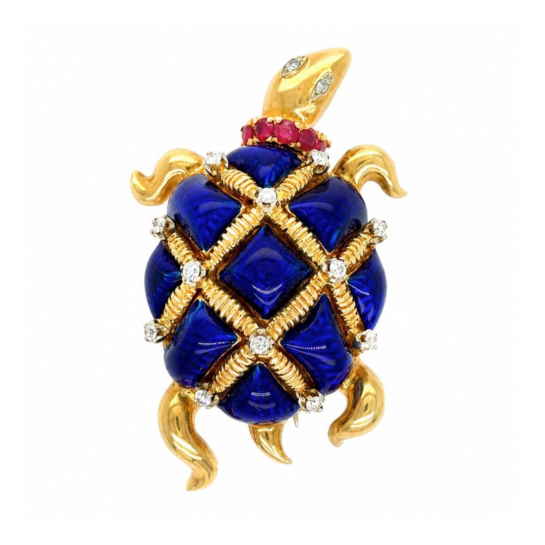 18K Turtle Brooch: Vintage Circa 1960s 18 Karat Yellow Gold and Enamel Turtle Brooch Accented with .40 Carat TW Round Cut Diamonds and .30 Carat TW Round Cut Burma Rubies. Diamonds G-H color, VVS-VS clarity. Rubies