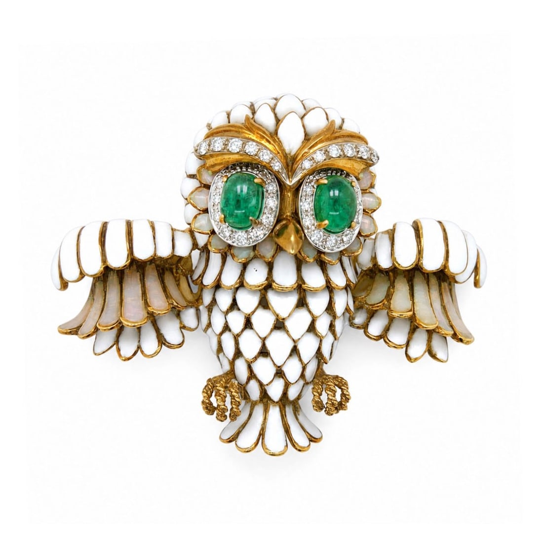 Emerald, Diamond & 18K Owl Brooch: Vintage Circa 1970s Approx. 2.0 Carat TW Two Oval Cabochon Emerald, Approx. .60 Carat TW Round Cut Diamond, Enamel and 18 Karat Yellow Gold Owl Brooch. Emeralds with good color. Diamonds F-G color,