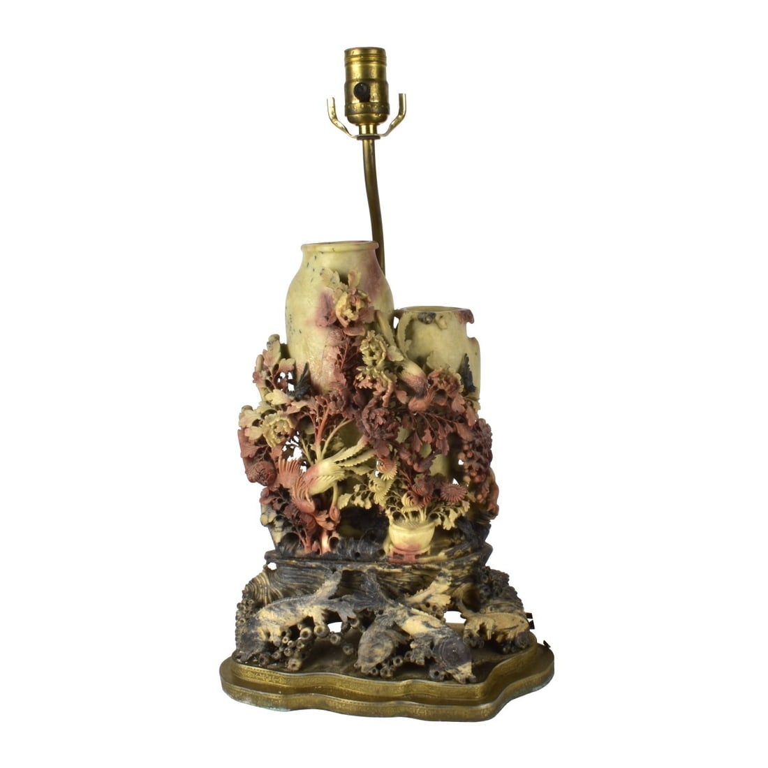Antique Chinese Carved Soapstone Sculpture / Lamp: Large Antique Chinese Carved Soapstone Sculpture with Koi and Bird Motif Presented as a Lamp. Overall measures 20-1/4" x 11". Sculpture measures 13-3/8" x 9-1/4". Kodner Galleries offers phone and