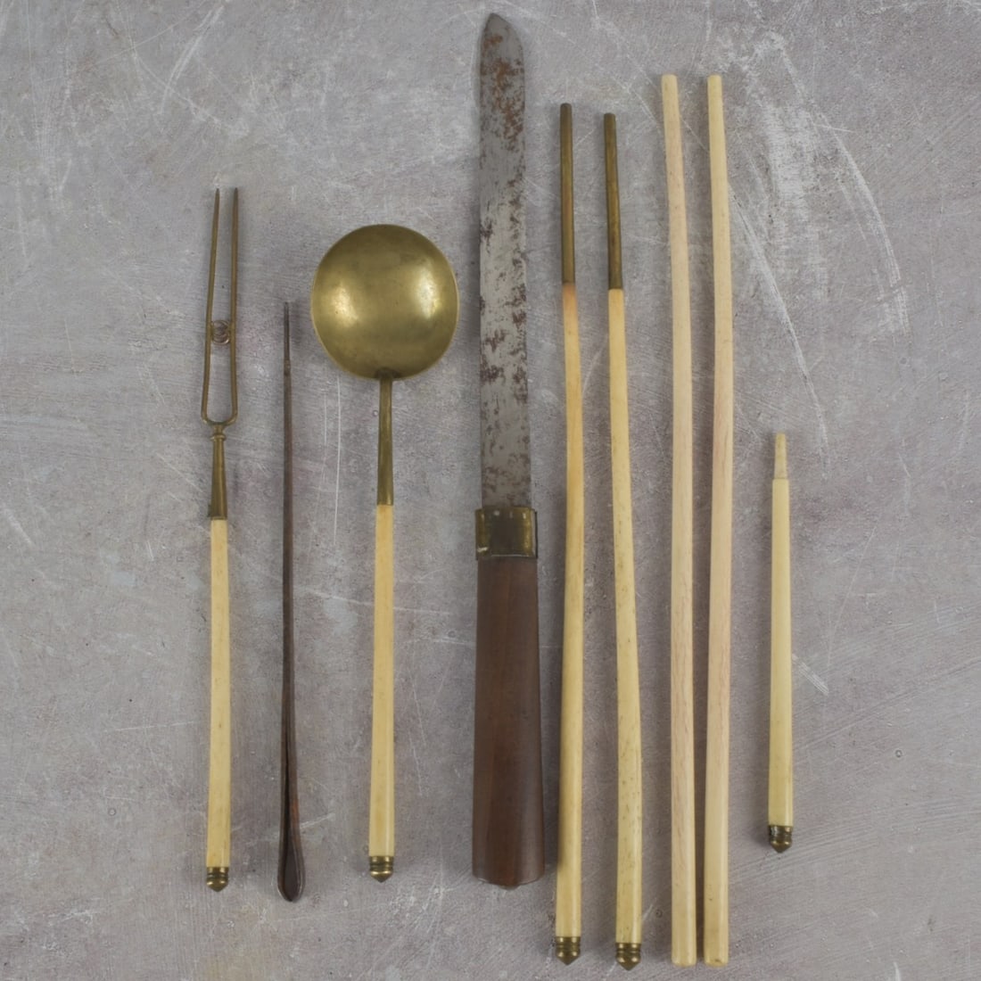 Chinese Shagreen Utensil Travel Case: Antique Circa 1900 Chinese Shagreen Utensil Travel Case. Utensils include a spoon, knife, tweezers, chop sticks and more. Case measures 12-1/2" L, 2" diam. Kodner Galleries offers phone and absentee b