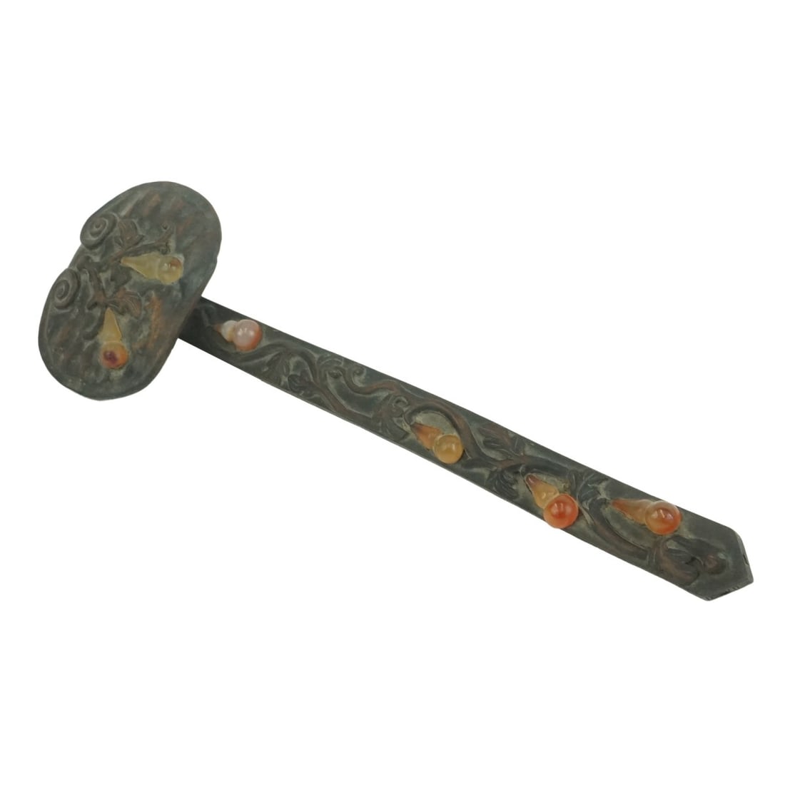 Early 20th Century Chinese Ruyi: Early 20th Century Chinese Carved Wood and Carnelian Inlaid Ruyi Scepter. Raised floral relief carving with inlaid gourd embellishments. Measures 2" H x 13" L x 4-1/4" W. Kodner Galleries offers