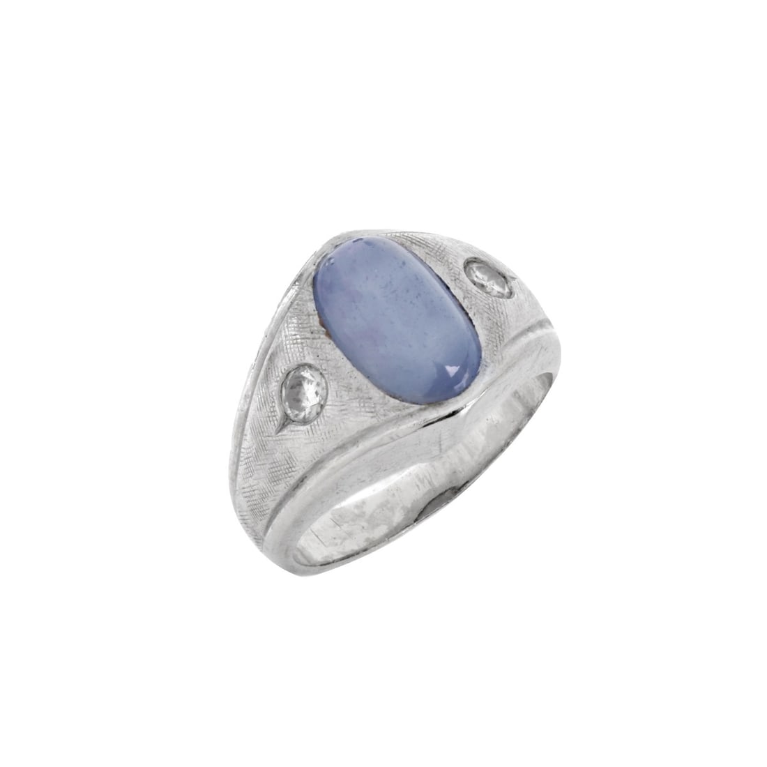 Star Sapphire, Diamond and 14K Ring: Man's Antique Star Sapphire, Approx. .40 Carat TW Two Round Brilliant Cut Diamond and 14 Karat White Textured and Polished Gold Ring. Diamonds G color, VS1 clarity. Stamped 14K. Ring size 5-1/2.