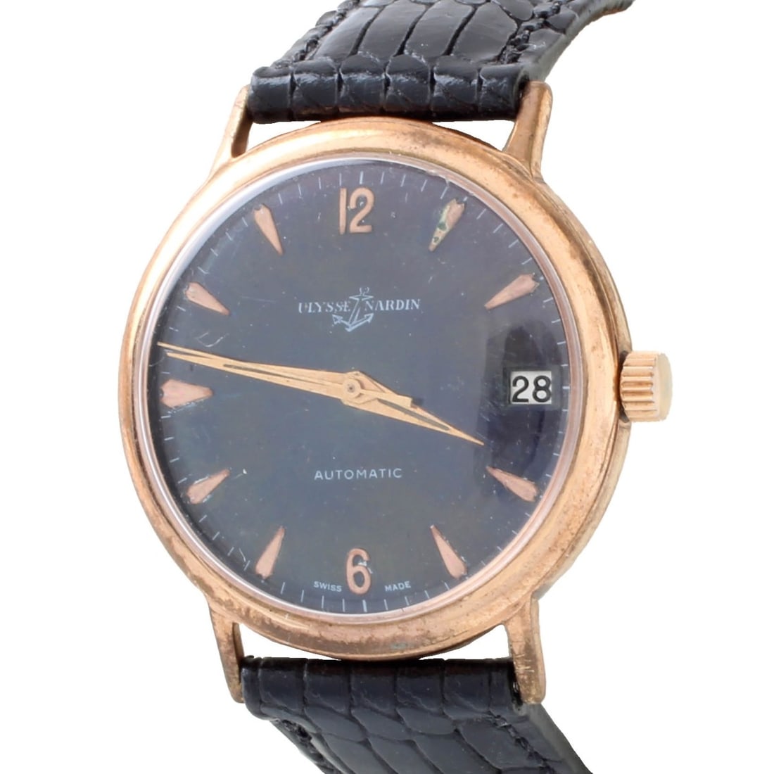 Ulysee Nardin Watch: Vintage Ulysee Nardin Gold Tone Stainless Steel Watch with Black Dial and Black Leather Strap Bracelet. Automatic movement. Case measures 33.5mm. Bracelet measures 9" L. Kodner Galleries offers phone