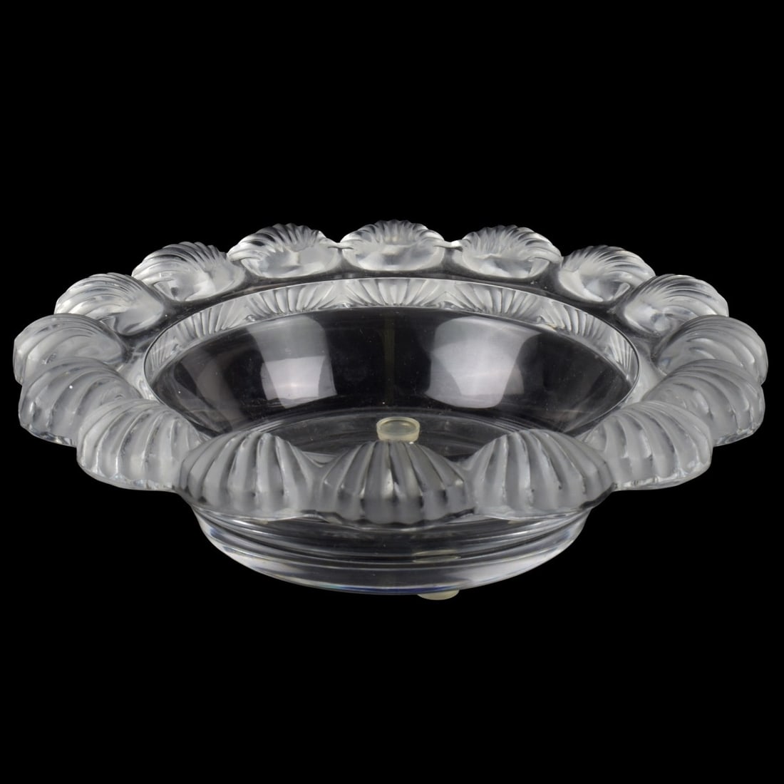 Lalique France "Pornic" Bowl: Lalique France "Pornic" Scalloped Shell Crystal Bowl in Clear and Frosted Glass. Signed "Lalique France" in script to the bottom. Measures: 2-1/8" high, 8-1/8" diameter. Kodner Galleries offers phone