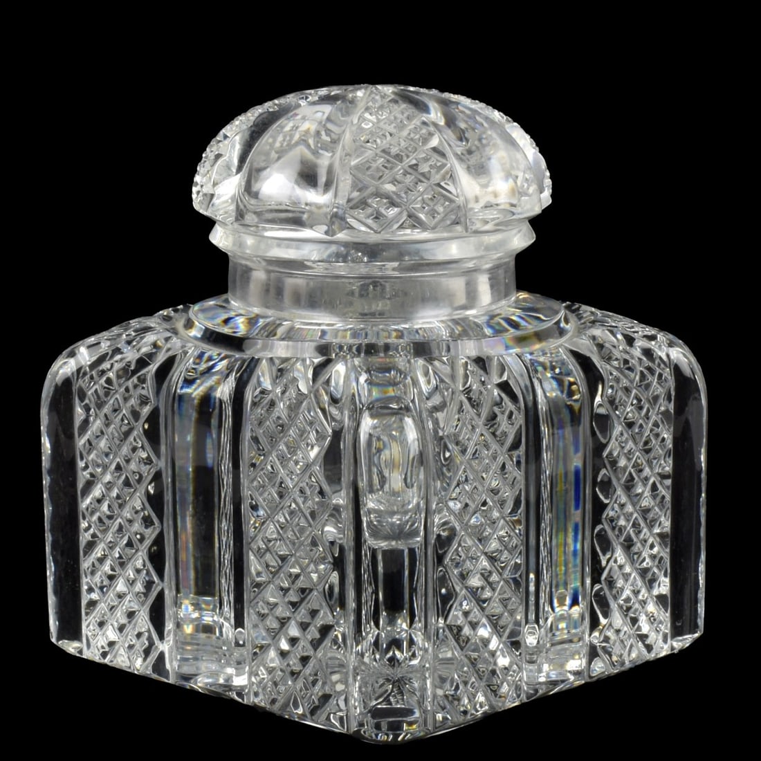Baccarat French "Zola" Inkwell: Baccarat French "Zola" Leaded Glass Inkwell with a Domed Lid. Limited edition number 29/300. Signed and numbered in script to bottom side. Measures: 6" high, 5" wide, 5" deep. Kodner Galleries offers