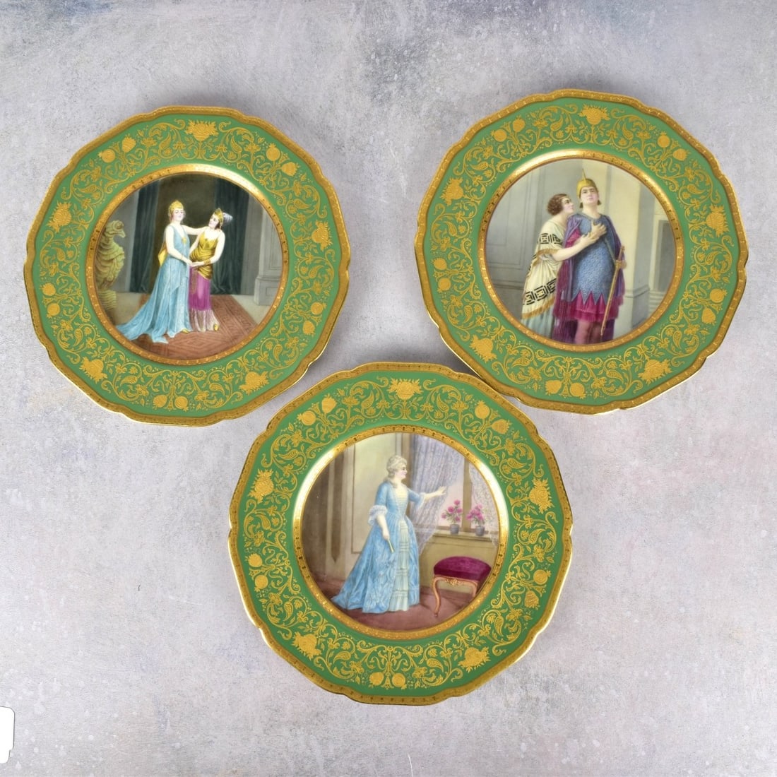 Black Knight Hand Painted Cabinet Plates: Three (3)with Heavy Gold Gilt. All properly marked to the back. One (1) each of, "Aida Verdi", "Figaro Mozart", "The Egyptian Helena Rich Straufs". Measures: 10-1/2" Dia. Kodner Galleries offers