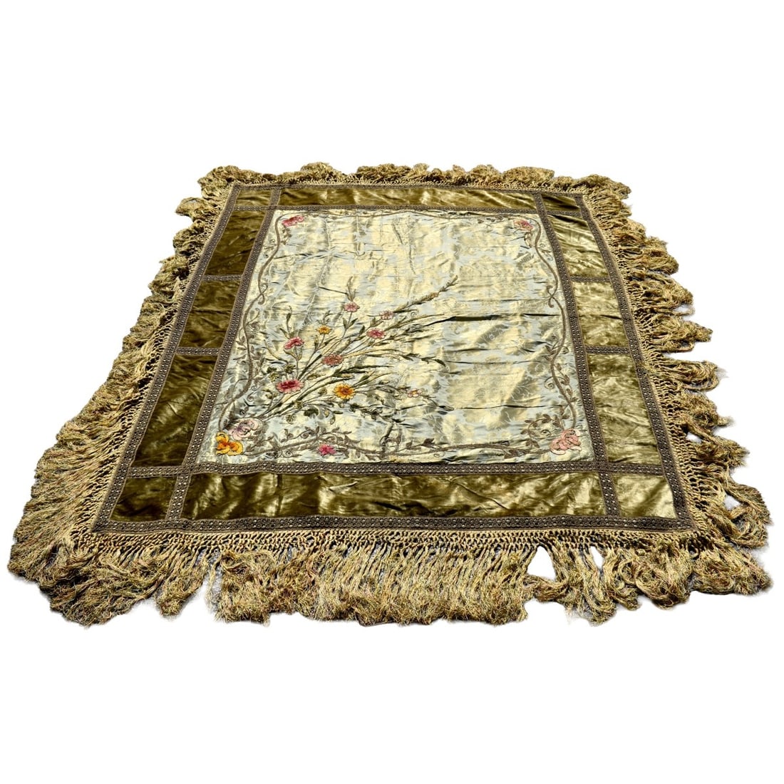 Early 20th CenturyFringe Piano Shawl: Early 20th Century Embroidered Silk Flora Fringe Piano Shawl. Measures: 75" x 62". Kodner Galleries offers phone and absentee bidding at a low, flat 21% buyer?s premium without surcharge or hidden