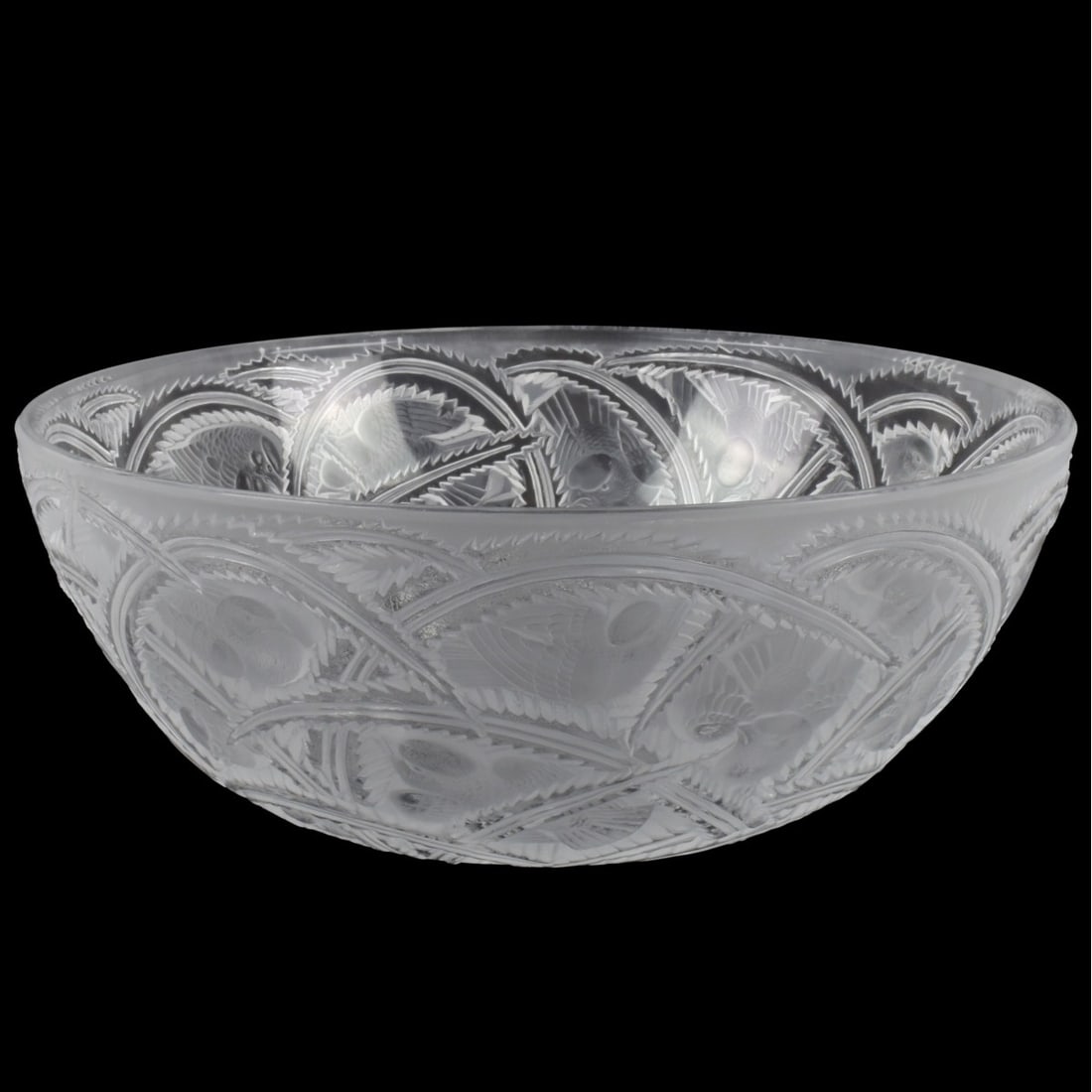 Lalique France "Pinsons" Bowl: Lalique France "Pinsons" Clear and Frosted Glass Bowl. Properly signed "Lalique France" in script to the bottom. Measures: 3-3/4" high, 9-1/4" diameter. Kodner Galleries offers phone and absentee