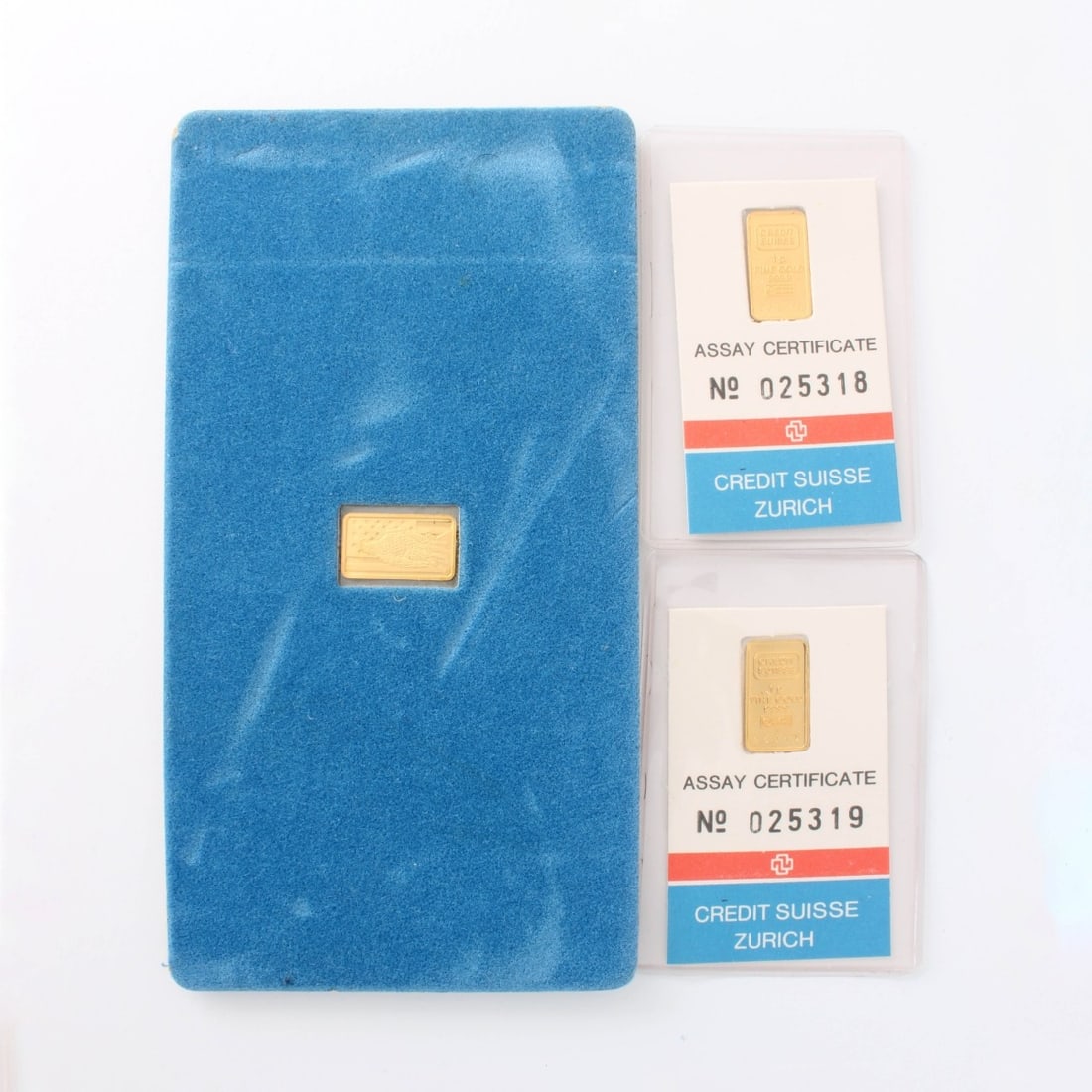 Three (3) 999.9 Gold Ingots: Three (3) Grams 999.9 Gold in Pouches. Two (2) Credit Suisse Zurich assays, one (1) US Mint. Kodner Galleries offers phone and absentee bidding at a low, flat 21% buyer?s premium without surcharge or