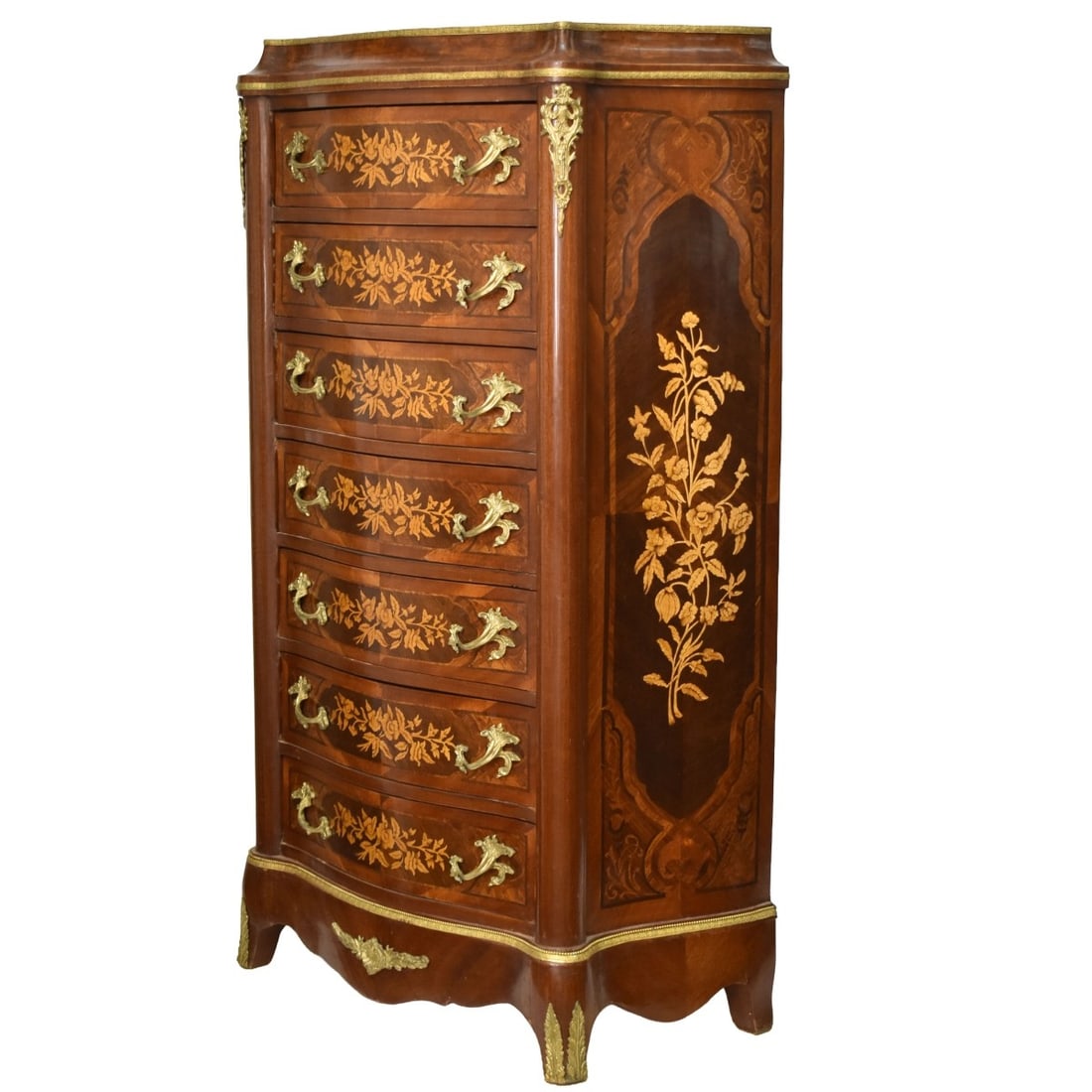 Mid- 20th Century Louis XV Semainier: Mid-20th Century Louis XV Inlay Marquetry Semainier with a Curved Front and Bronze Mounts. Measures: 61-1/2" high, 35" wide, 19-1/2" deep. Kodner Galleries offers phone and absentee bidding at a low,