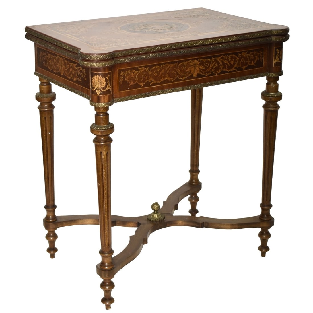 20th Century Louis XV Game Table: Mid-20th Century Louis XV Floral Inlay Marquetry Flip Top Game Table with Bronze Mounts. Measures: 30-1/2" high 27-1/2" wide, 18" deep, when open top measures: 36" deep. Kodner Galleries offers phone