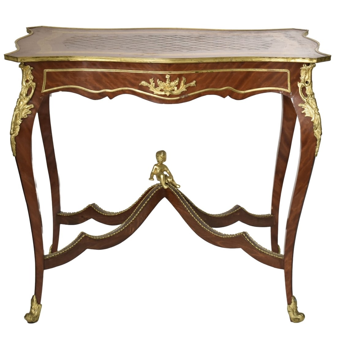 20th Century Louis XV Table: Mid- 20th Century Floral Inlay Marquetry Table with Bronze Mounts. Measures: 31" high, 35-1/2" wide, 24" deep. Kodner Galleries offers phone and absentee bidding at a low, flat 21% buyer?s premium