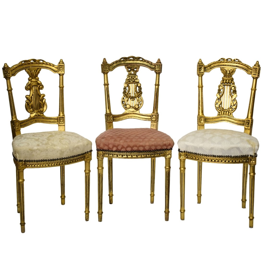 Mid-20th Century Louis XV Style Chairs: Mid-20th Century Louis XV Style Hand Carved and Gold Leaf Upholstered Side Chairs. Measures: 34-1/2" high. 16-1/2" wide, 14" deep, seat measures: 17" high. Kodner Galleries offers phone and absentee