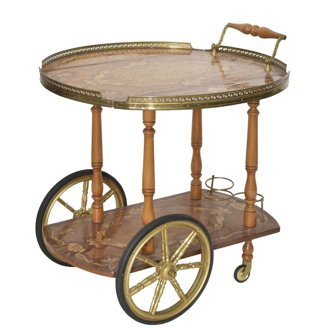 Mid-20th Century Marquetry Italian Beverage Cart: Mid-20th Century Floral Inlay Marquetry Italian Beverage Cart. Measures: 31" high, 29" wide, when closed measures: 17" deep, with sides extended measures: 29" deep. Kodner Galleries offers phone and
