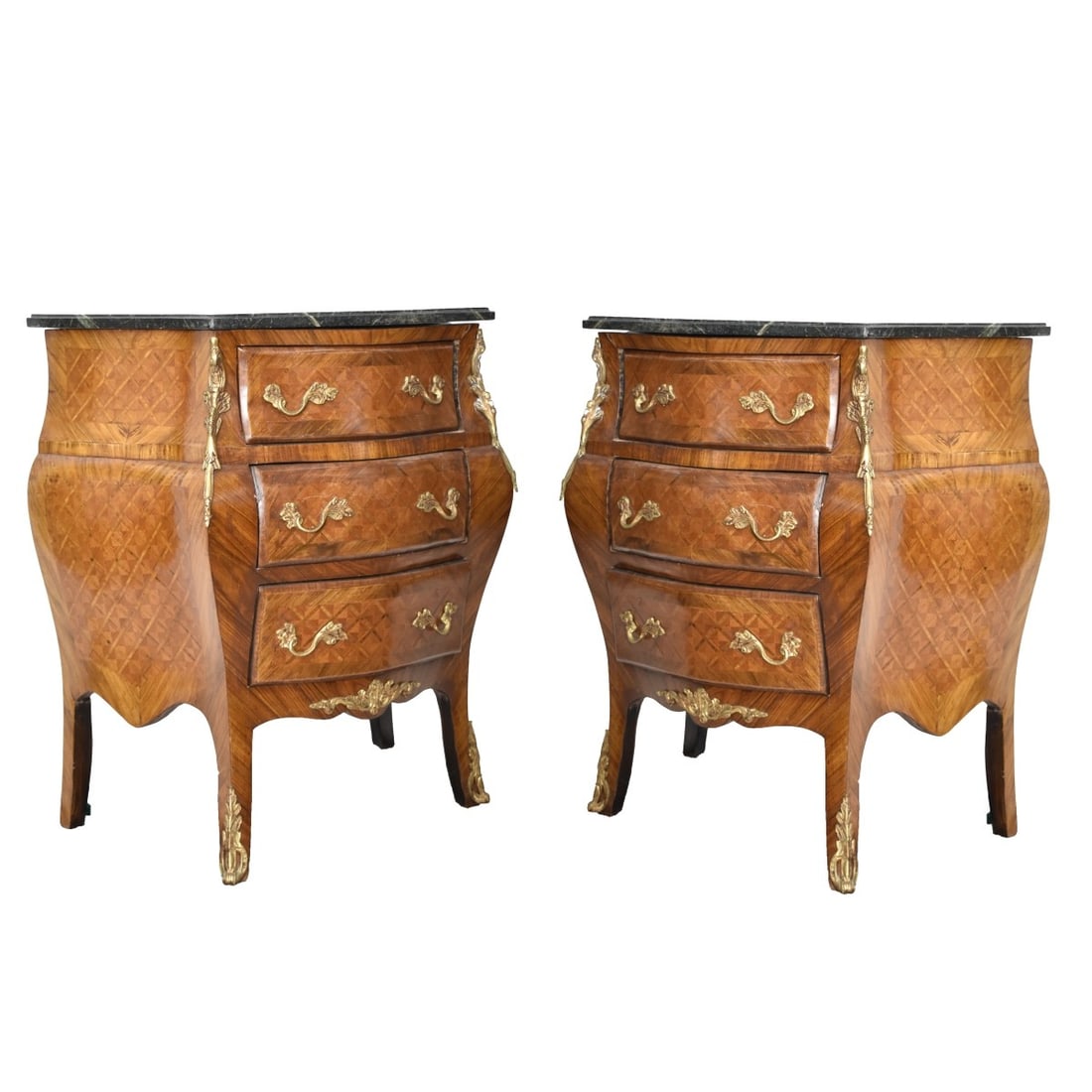Pair of Bombe Chests: Pair of Mid-20th Century French Bombe Chests with Green Marble Tops and Bronze Mounts. Measures: 30-1/2" high, 27" wide, 16" deep. Kodner Galleries offers phone and absentee bidding at a low, flat